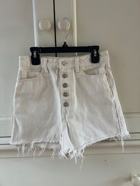 Zara White Button-Front Raw Hem Denim Shorts